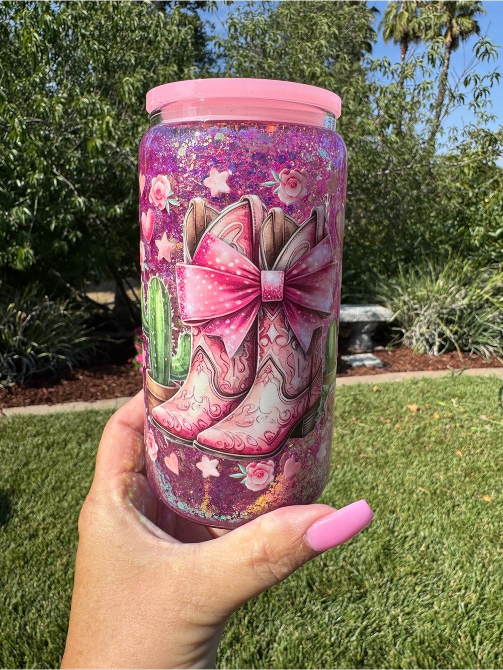 Cowgirl Boots cactus Bows snow globe tumbler 16oz
